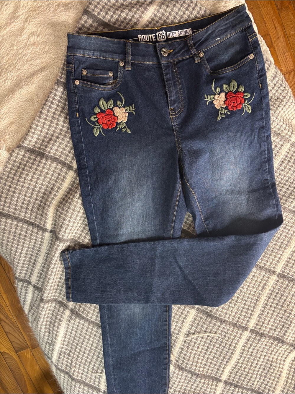 Route 66 Navy Blue Skinny Jeans with Red Floral Embroidery